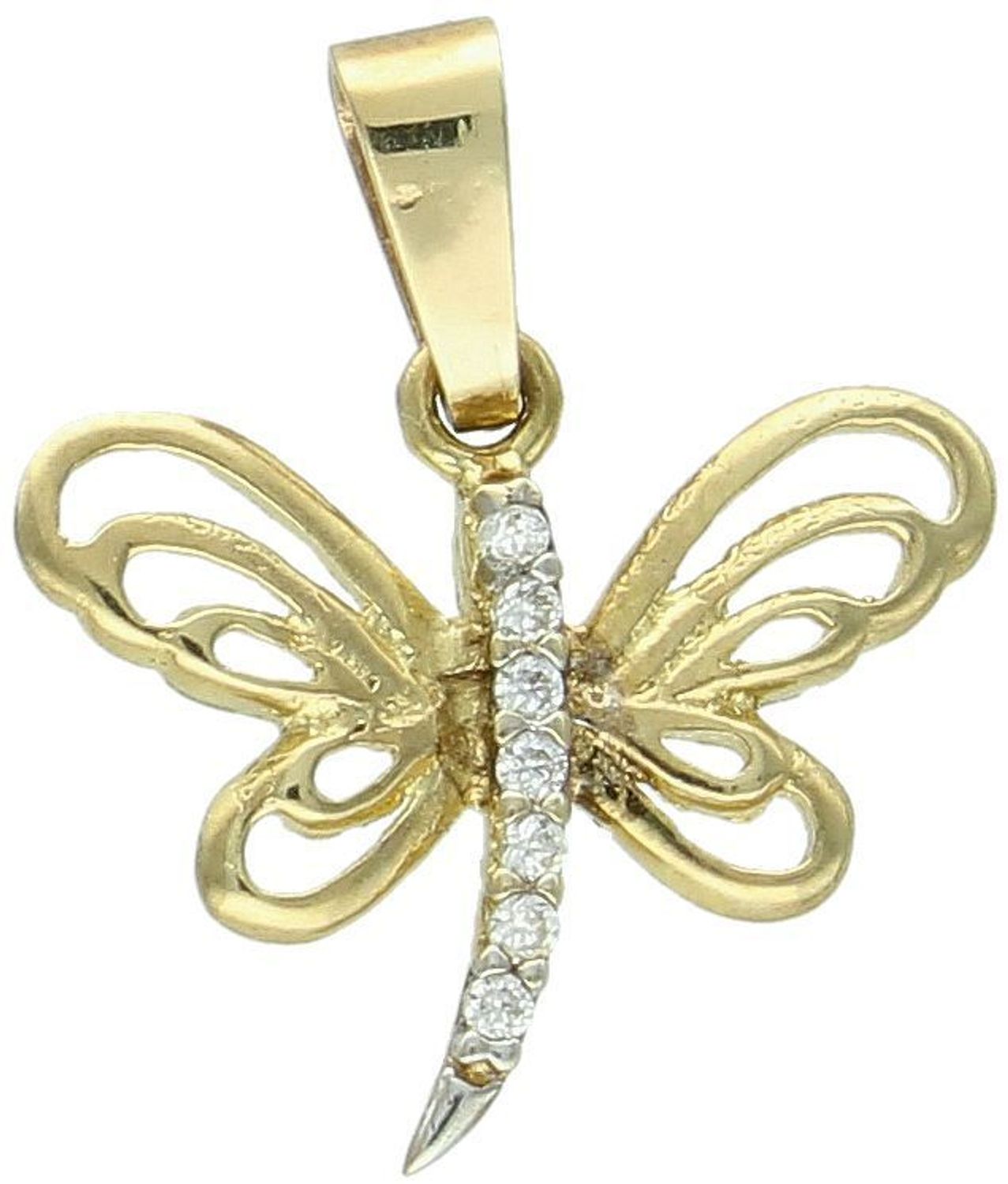 Złota zawieszka Ważka z cyrkonią próba 333, DIA-ZAW-1554-333 Elegancka złota zawieszka w kształcie ważki, ozdobiona subtelną cyrkonią, wykonana z wysokiej jakości złota próby 333 1.jpg