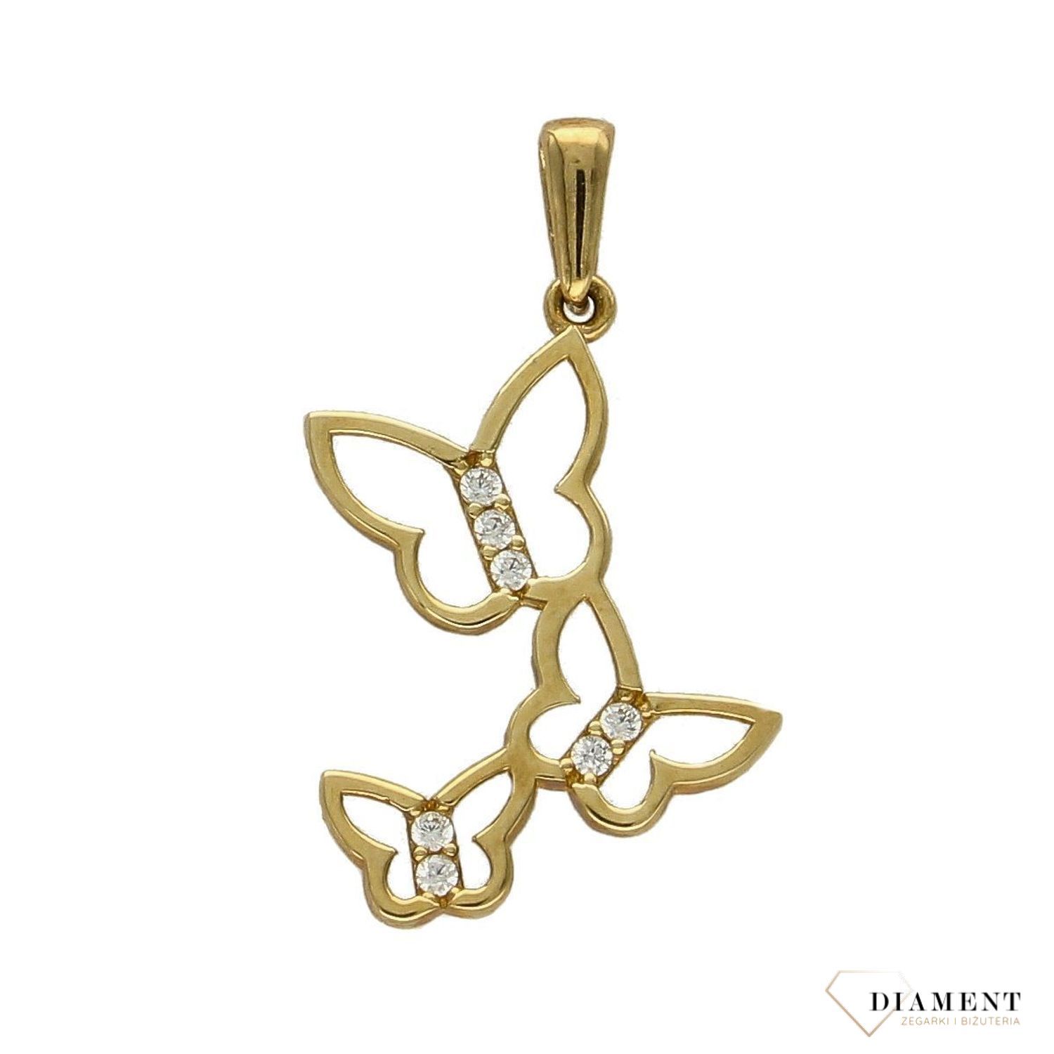 Zawieszka motylki próby 333 DIA-ZAW-1556-333. Złoty wisiorek w kształcie trzech motylków z cyrkoniami. Wisiorek ten to idealny pomysł na prezent, którym wyjawimy swoje uczucia..jpg