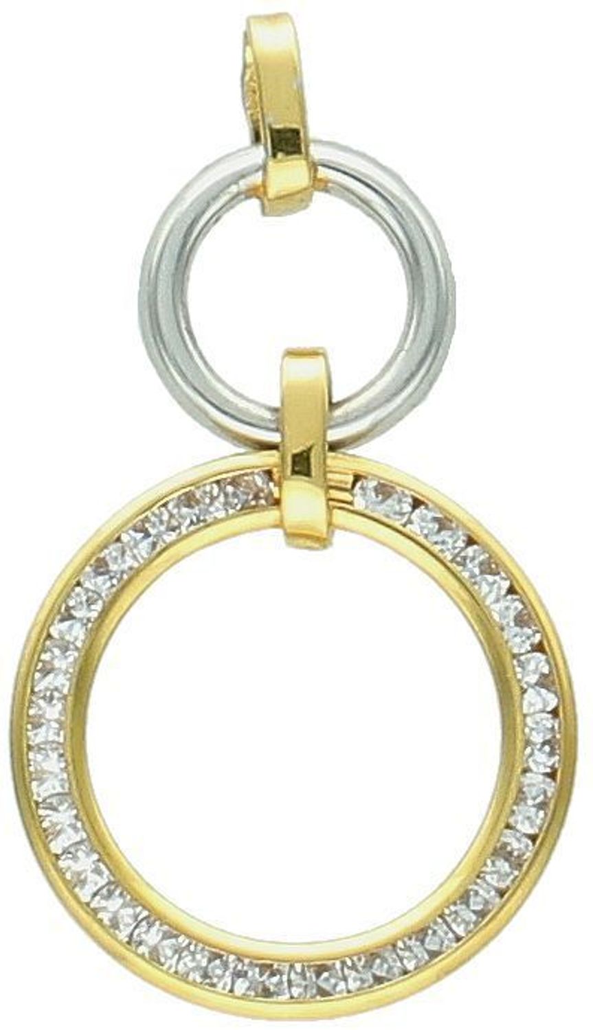 Zawieszka złota dwa kółeczka otwarte zdobione białym złotem i cyrkoniami próba 333, DIA-ZAW-1562-333 Elegancka złota zawieszka składająca się z dwóch otwartych kółeczek, zdobiona białym złotem 1.jpg