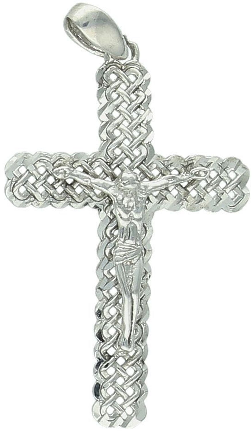 Srebrna zawieszka krzyż z wizerunkiem Jezusa – ażurowa forma, model DIA-ZAW-1885-925. Próba 925, waga 1,20 g, długość 3,5 cm. Symbol wiary i duchowej siły.1.jpg