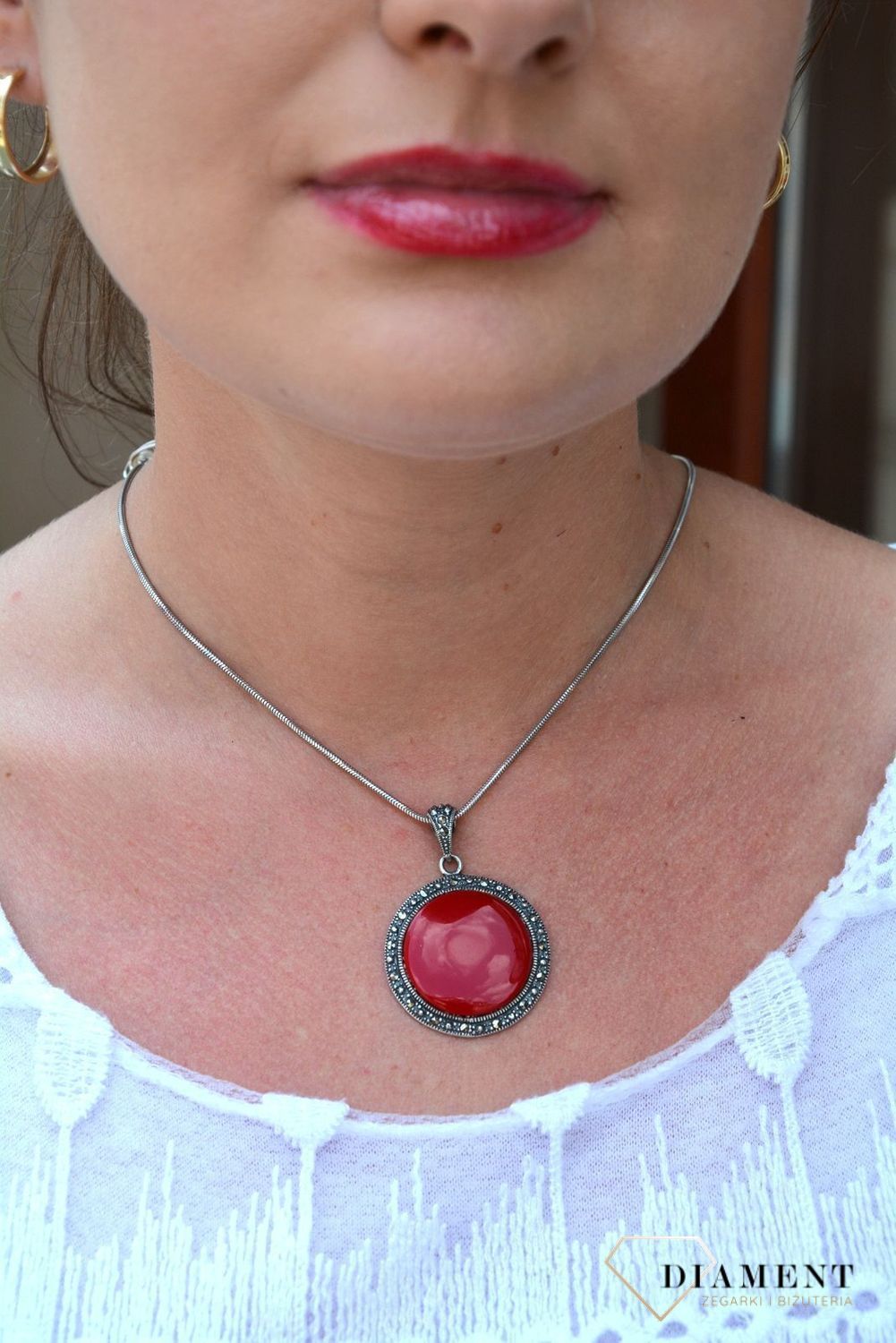 Zawieszka srebrna z markazytami  z czerwoną masą DIA-ZAW-2835-925.jpg