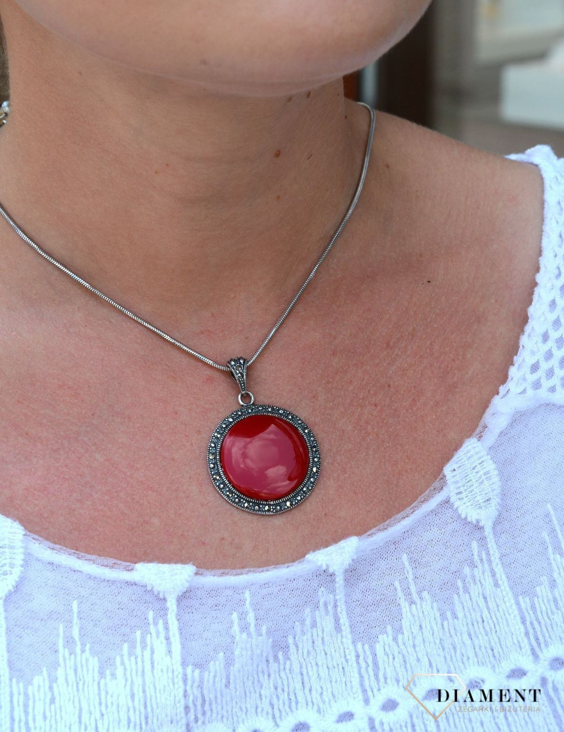 Zawieszka srebrna z markazytami  z czerwoną masą DIA-ZAW-2835-925.jpg