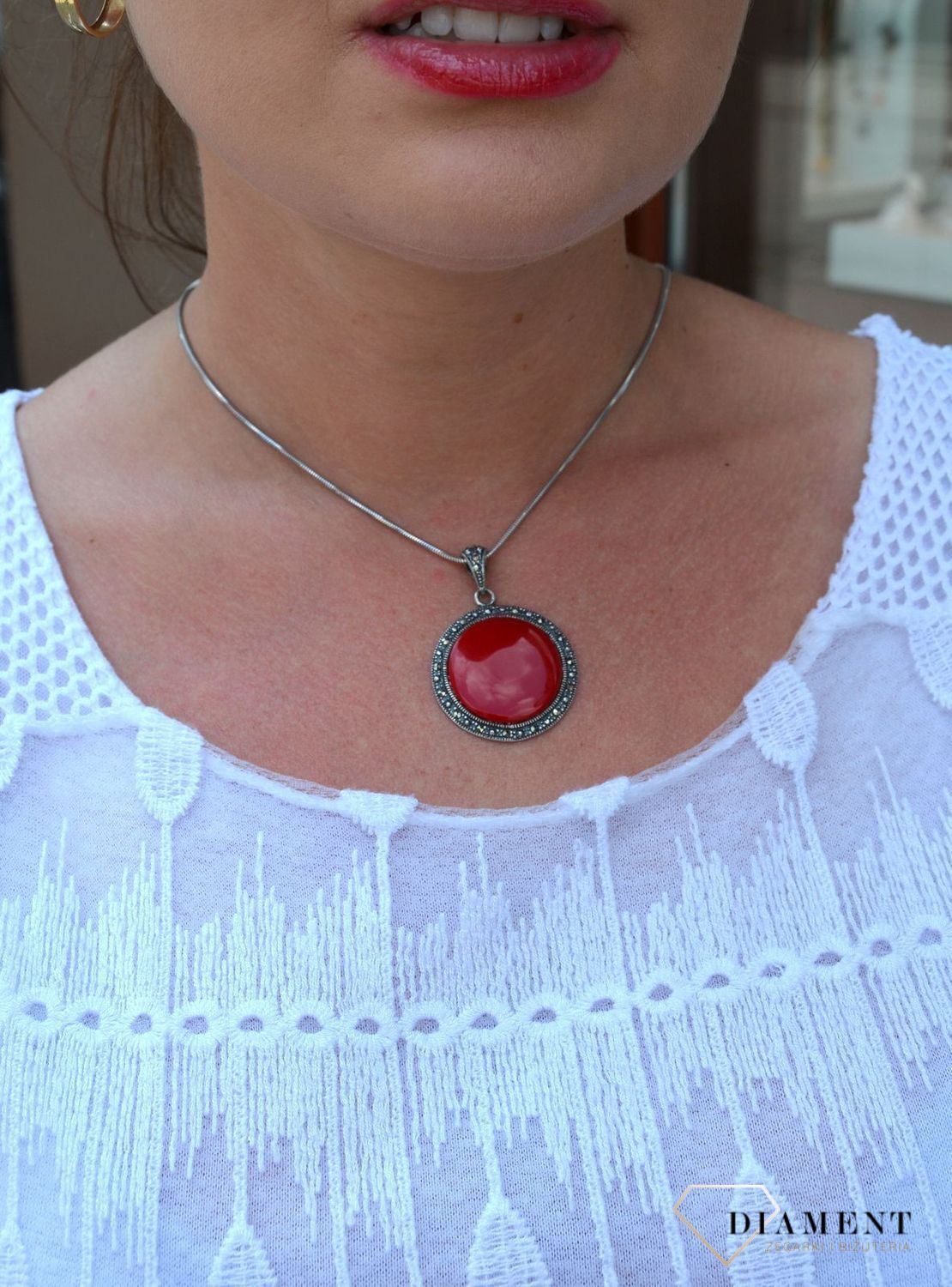 Zawieszka srebrna z markazytami  z czerwoną masą DIA-ZAW-2835-925.jpg