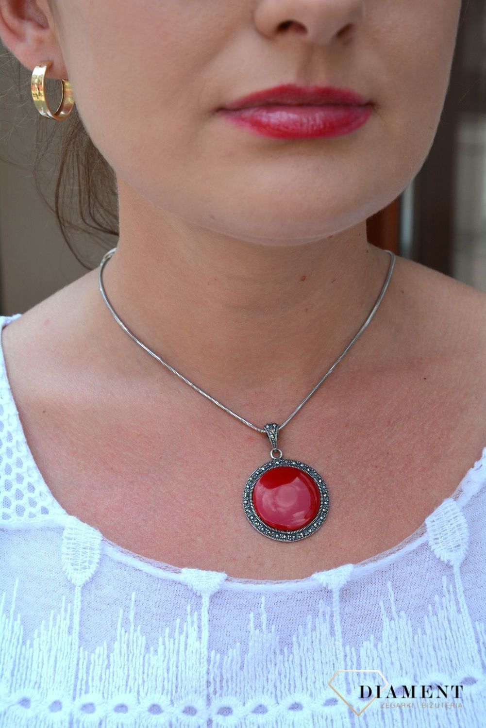 Zawieszka srebrna z markazytami  z czerwoną masą DIA-ZAW-2835-925.jpg