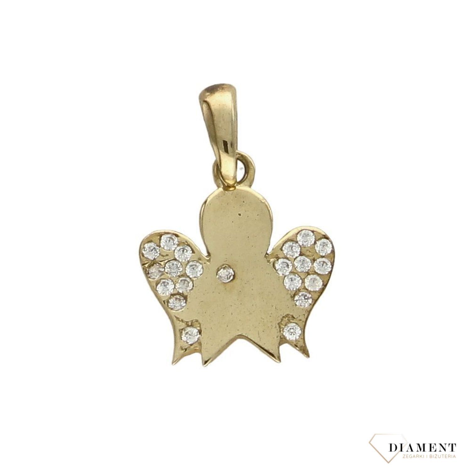 Zawieszka aniołek próby 333 DIA-ZAW-3024-333. Złoty wisiorek w kształcie aniołka. Skrzydełka są wypełnione cyrkoniami i dodają uroku całej zawieszce. Wisiorek ten to idealny pomysł na prezent, którym wyjawimy.jpg