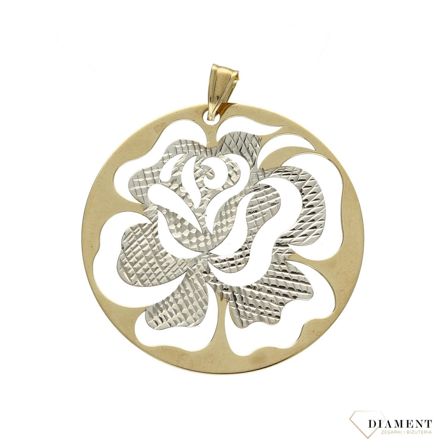 Zawieszka koło z różą próby 333 DIA-ZAW-3027-333.  Złoty wisiorek w kształcie koła wypełniony grawerowanym motywem z dodatkiem białego złota. Wisiorek ten to idealny pomysł na prezent, którym wyjawimy swoje u.jpg