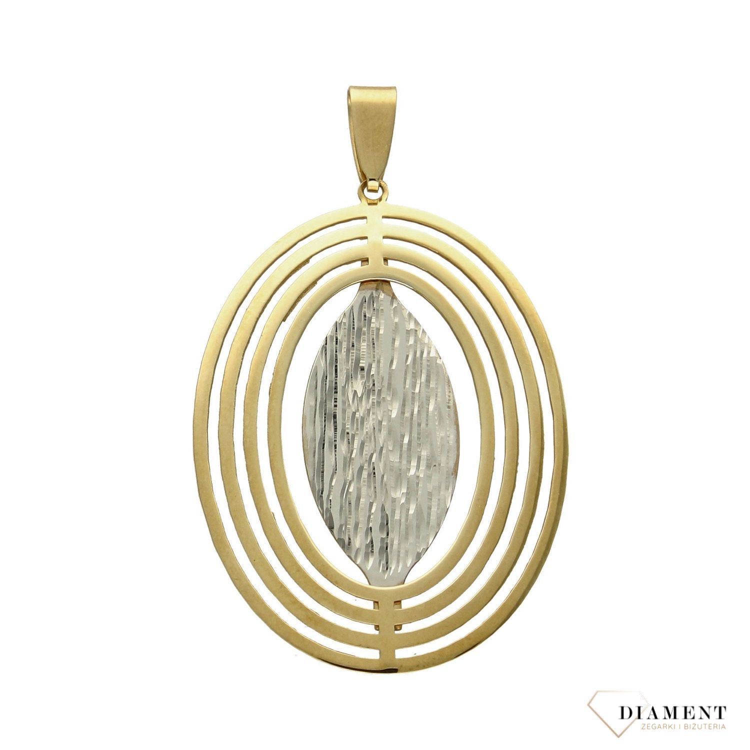 Zawieszka próby 333 z grawerowanym wzorem DIA-ZAW-3029-333. Złoty wisiorek w kształcie koła wypełniony grawerowanym motywem z dodatkiem białego złota. Wisiorek ten to idealny pomysł na prezent, którym wyjawi.jpg