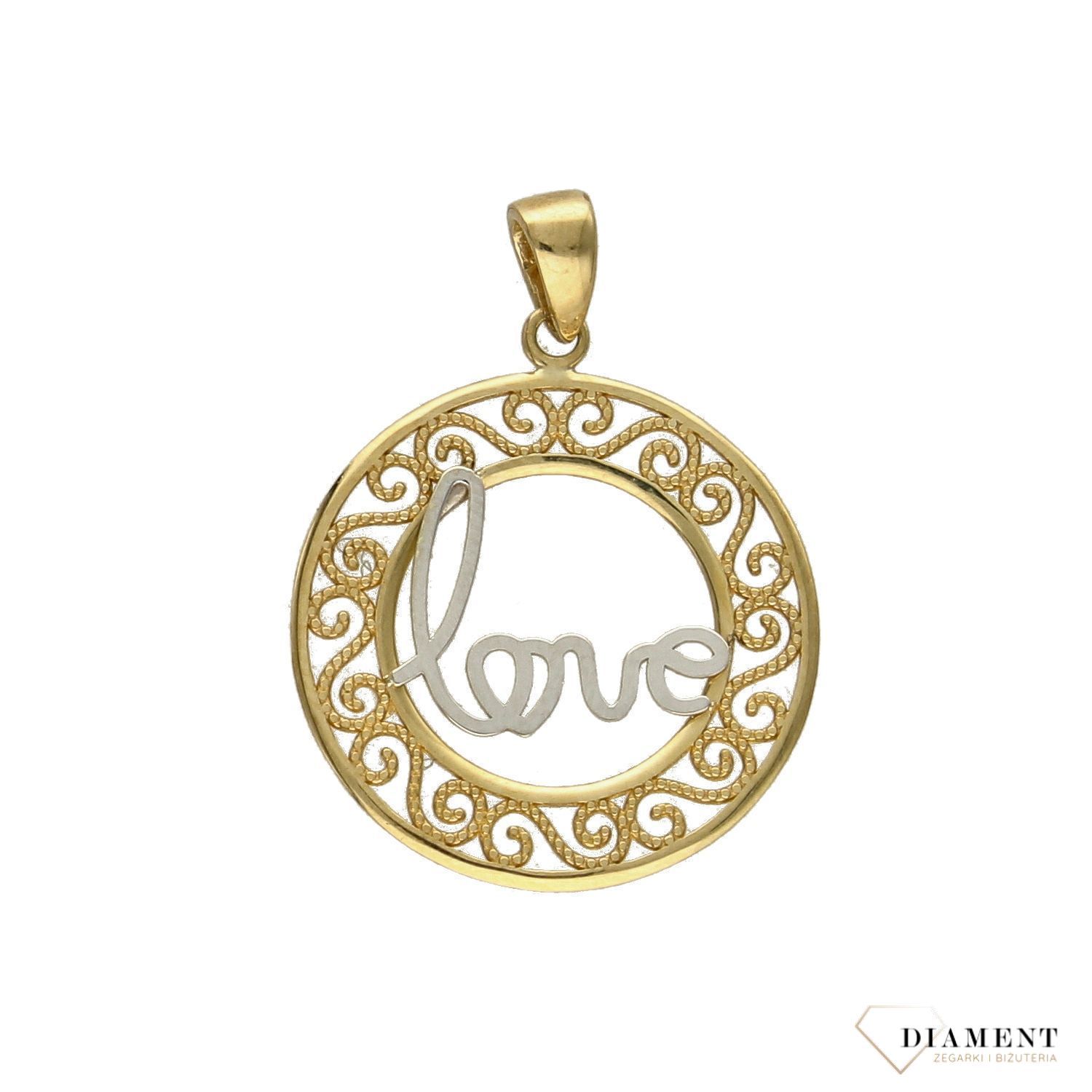 Zawieszka kółko ażur próby 333 DIA-ZAW-3034-333. Złoty wisiorek w kształcie koła wypełniony ażurowym motywem z napisem LOVE po środku..jpg