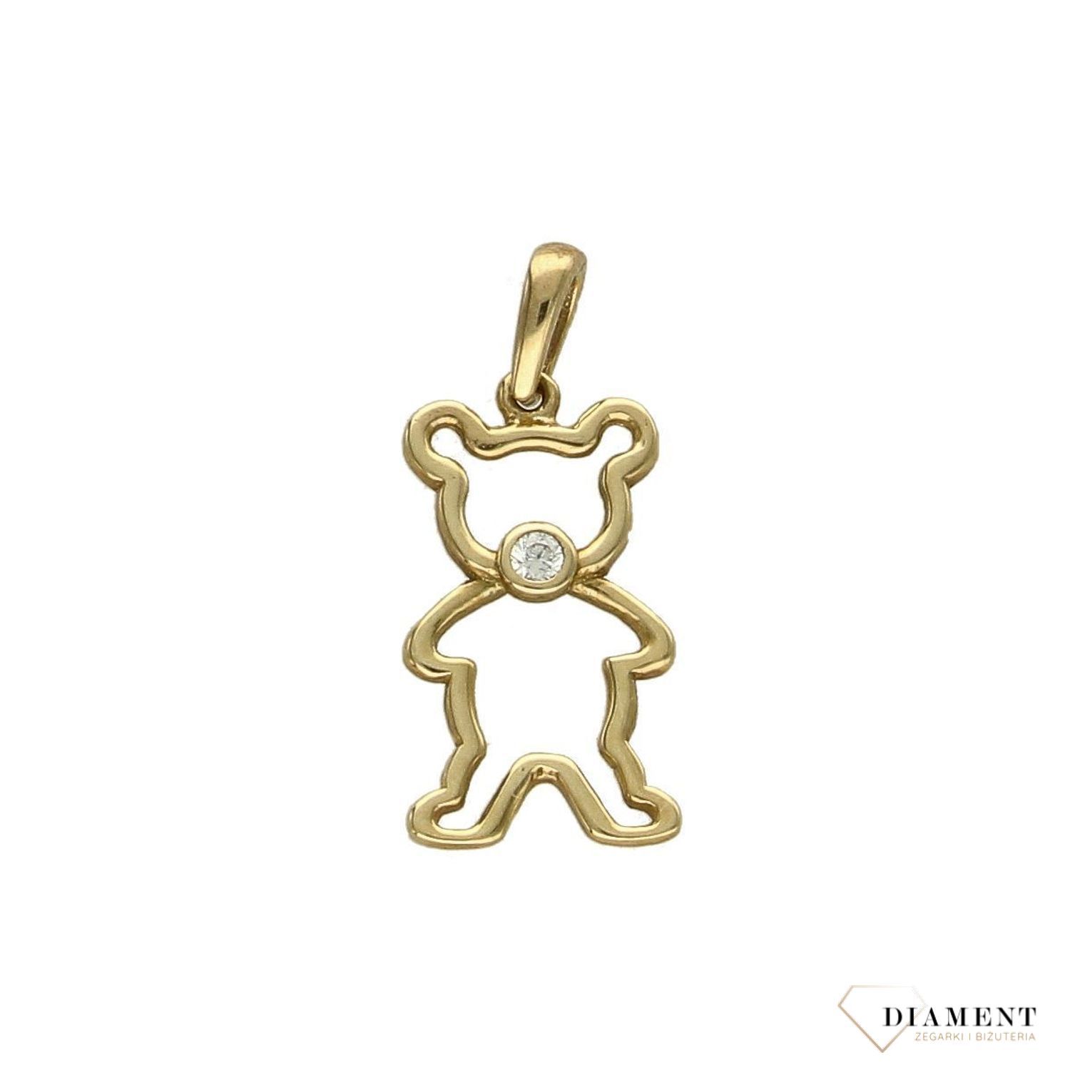 Urocza zawieszka wykonana ze złota próby 333 w kształcie misia to propozycja oryginalnej, nieco zabawnej kobiecej biżuterii. Delikatny wisiorek, który dodaje uroku i dziewczęcego looku..jpg