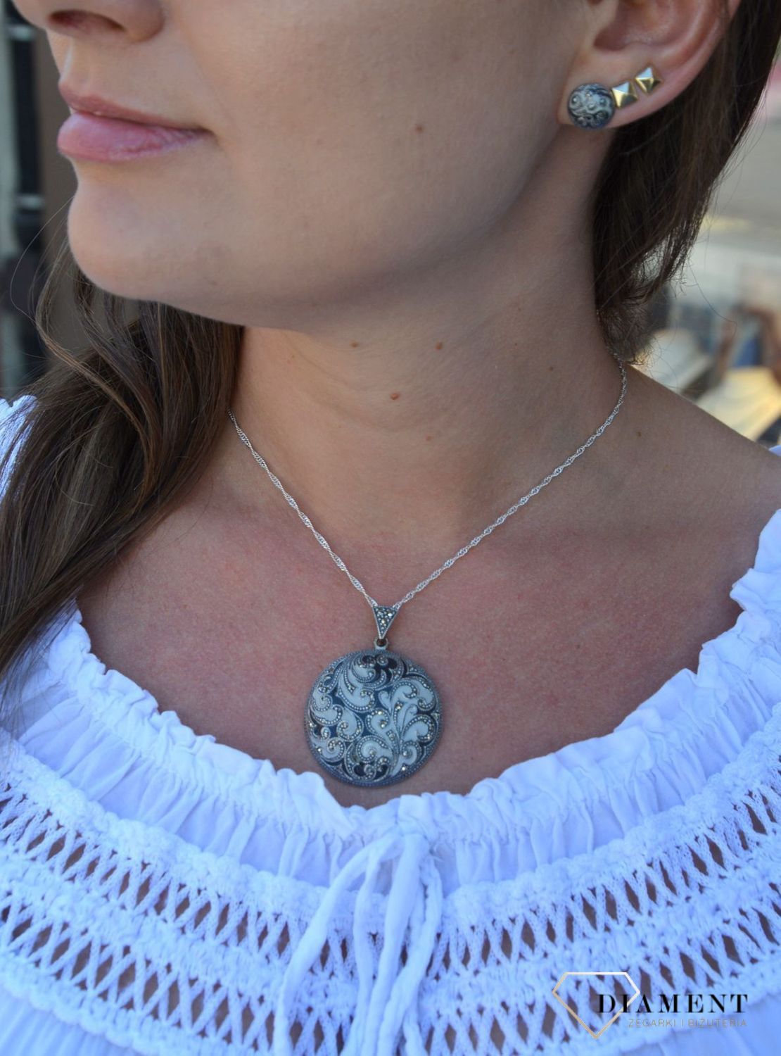 Srebrna zawieszka okrągła markazyty i emalia DIA-ZAW-3089-925.jpg