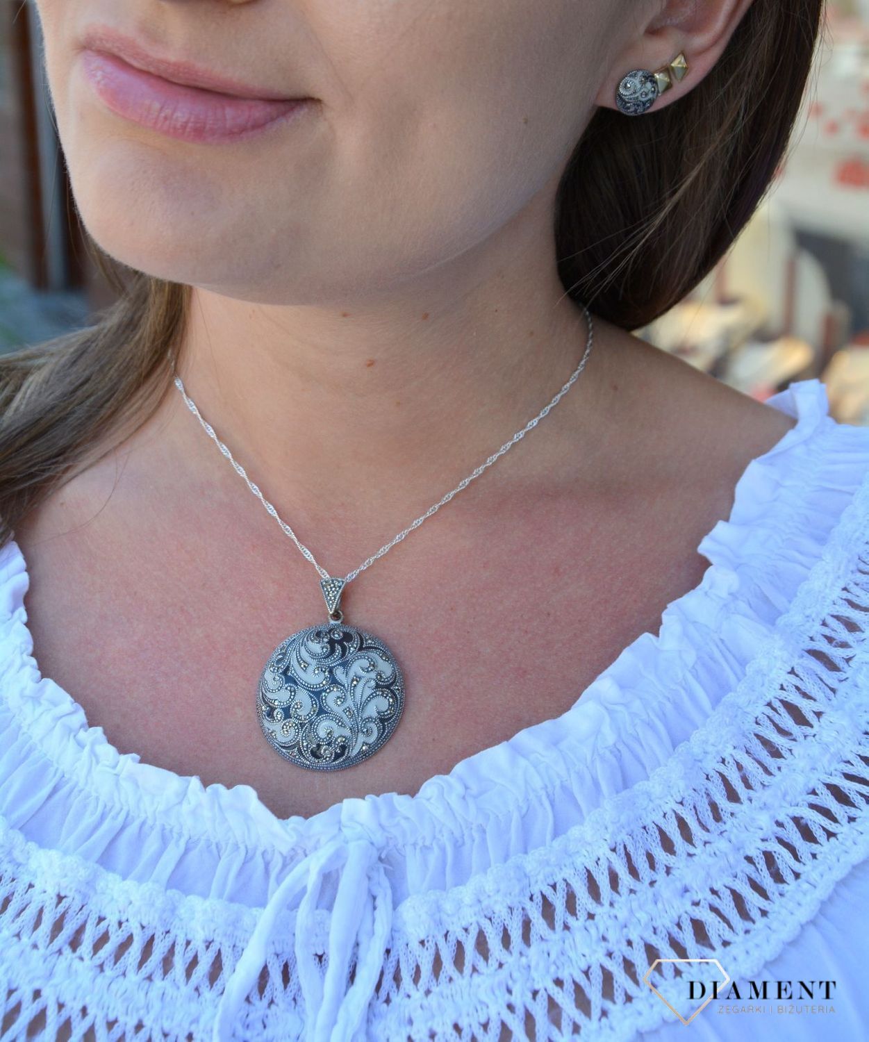 Srebrna zawieszka okrągła markazyty i emalia DIA-ZAW-3089-925.jpg