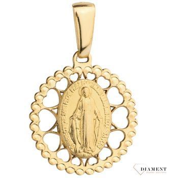 Złota zawieszka okrągły medalik z serduszkami 'Cudowny Medalik' Maryja Niepokalana DIA-ZAW-3664-585. Piękny medalik o bogatej symbolice religijnej.jpg