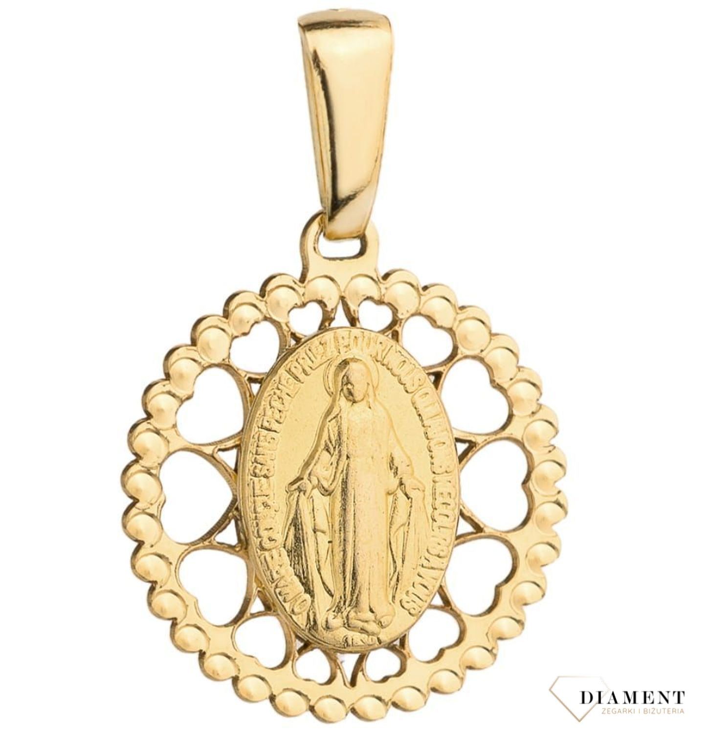 Złota zawieszka okrągły medalik z serduszkami 'Cudowny Medalik' Maryja Niepokalana DIA-ZAW-3664-585. Piękny medalik o bogatej symbolice religijnej.jpg