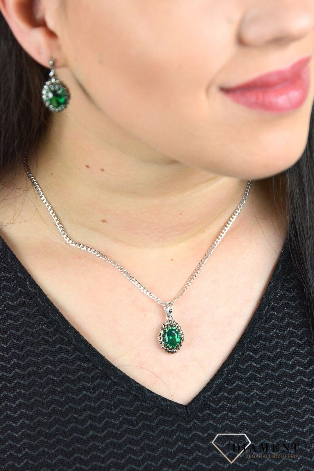 Srebrna zawieszka szmaragdowa cyrkonia i markazyty DIA-ZAW-3949-925.jpg