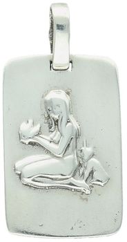 Zawieszka srebrna próba 925 z wygrawerowanym symbolem znaku zodiaku Panna na prostokątnej blaszce. Waga 5,14 g, szerokość 1,5 cm, długość 3,0 cm. Model DIA-ZAW-3977-PANNA-925 – 1.jpg
