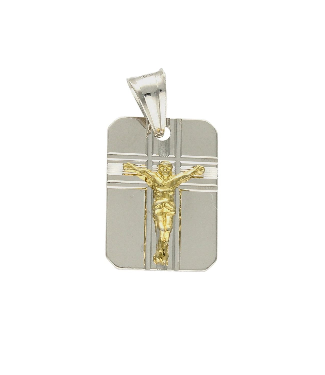 Srebrna zawieszka prostokątny medalik z Jezusem w pozłoceniu DIA-ZAW-40245-925.  Idealnie będzie pasował do srebrny subtelnych łańcuszków. Sprawdzi się również jako idealny prezent na komunię bądź chrzciny dla dziecka..jpg