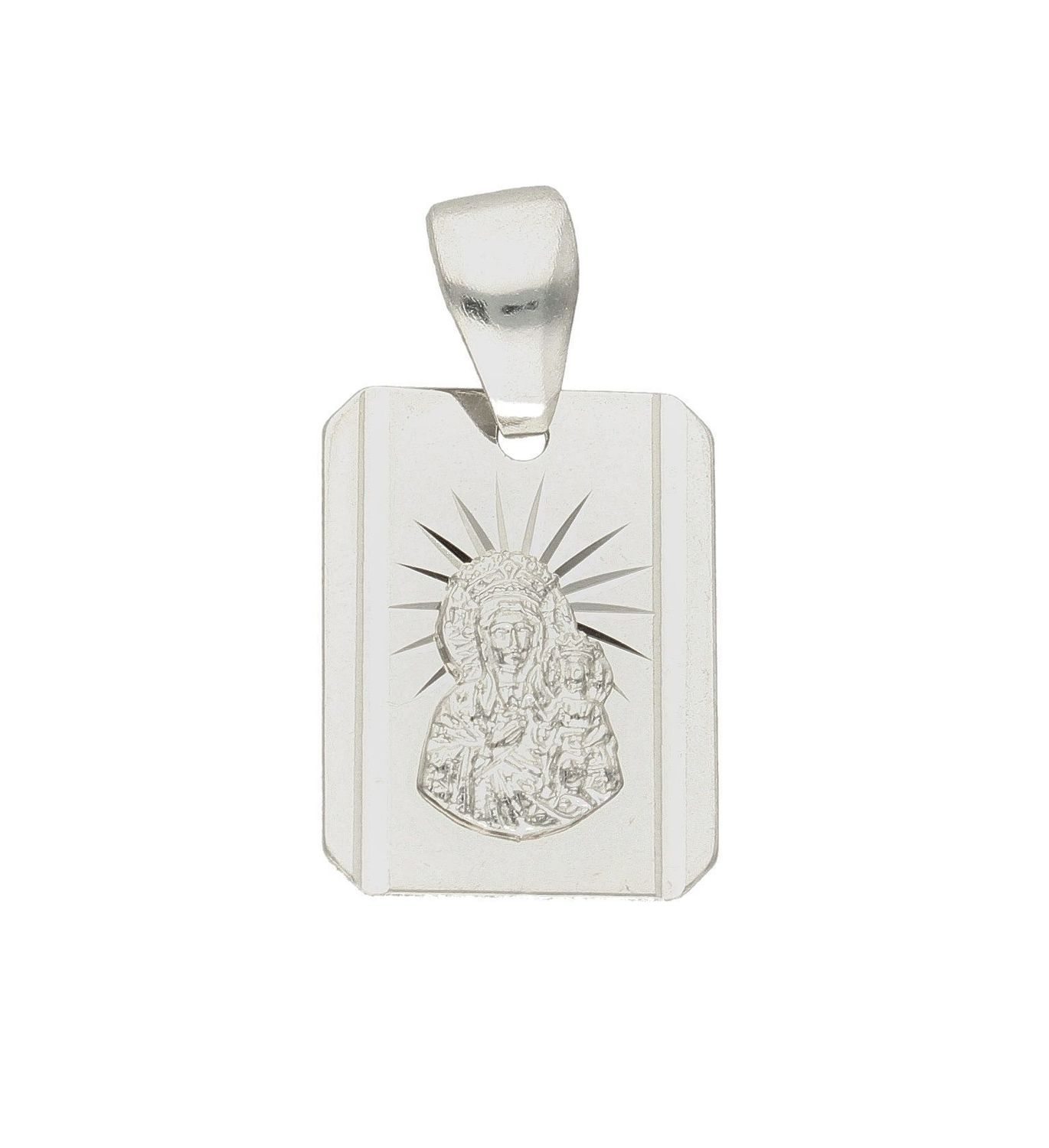 Srebrna zawieszka prostokątny medalik z Matką Boską Częstochowską DIA-ZAW-40245J-925. Idealnie będzie pasował do srebrny subtelnych łańcuszków. Sprawdzi się również jako idealny prezent na komunię bądź chrzciny dla dziecka.jpg