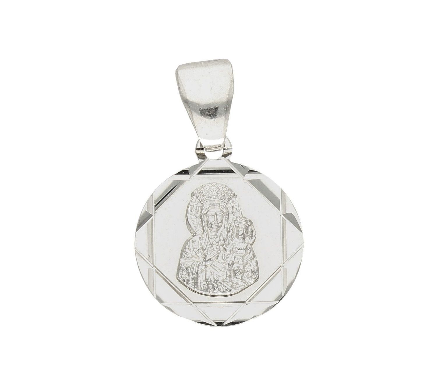 Srebrna zawieszka okrągła z Matką Boską Częstochowską DIA-ZAW-40893A-925.  Idealnie będzie pasował do srebrny subtelnych łańcuszków. Sprawdzi się również jako idealny prezent na komunię bądź chrzciny dla dziecka.jpg
