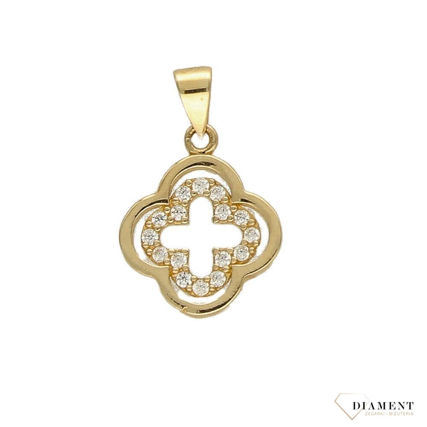 Złota zawieszka koniczynka z błyszczącą białą cyrkonią DIA-ZAW-4282-585.jpg