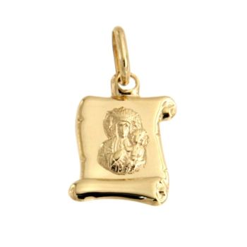 Złota zawieszka medalik papirus z Matką Boska DIA-ZAW-4359-585. Piękny medalik o bogatej symbolice religijnej. Religijną biżuterię wykonano z 14-karatowego żółtego złota.jpg
