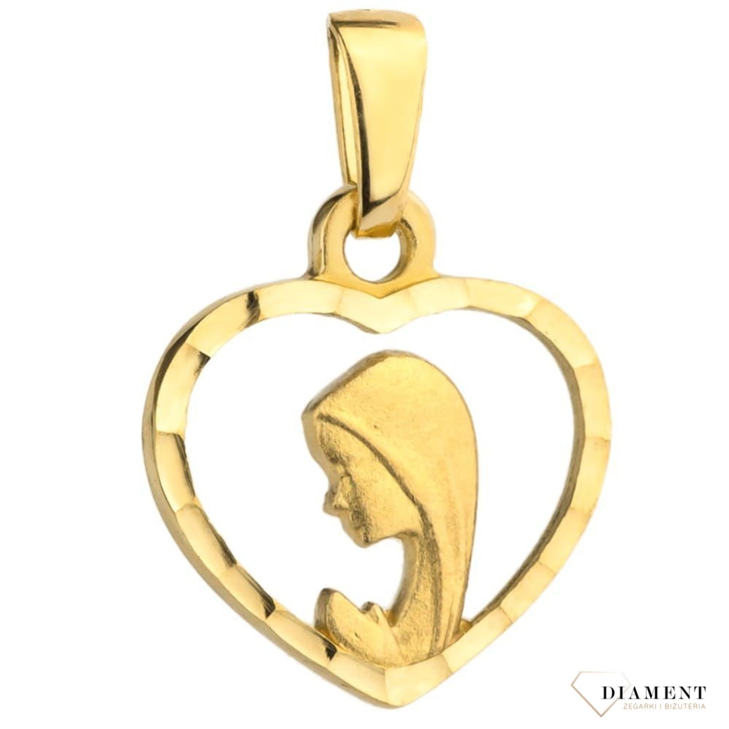 Złota zawieszka medalik wizerunek Maria Boska w serduszku DIA-ZAW-4360-585. Piękny medalik o bogatej symbolice religijnej. Wyjątkowa biżuteria sprawdzi się idealnie jako prezent i upamiętnienie takich chwil jak Pierwsza Komuni.jpg