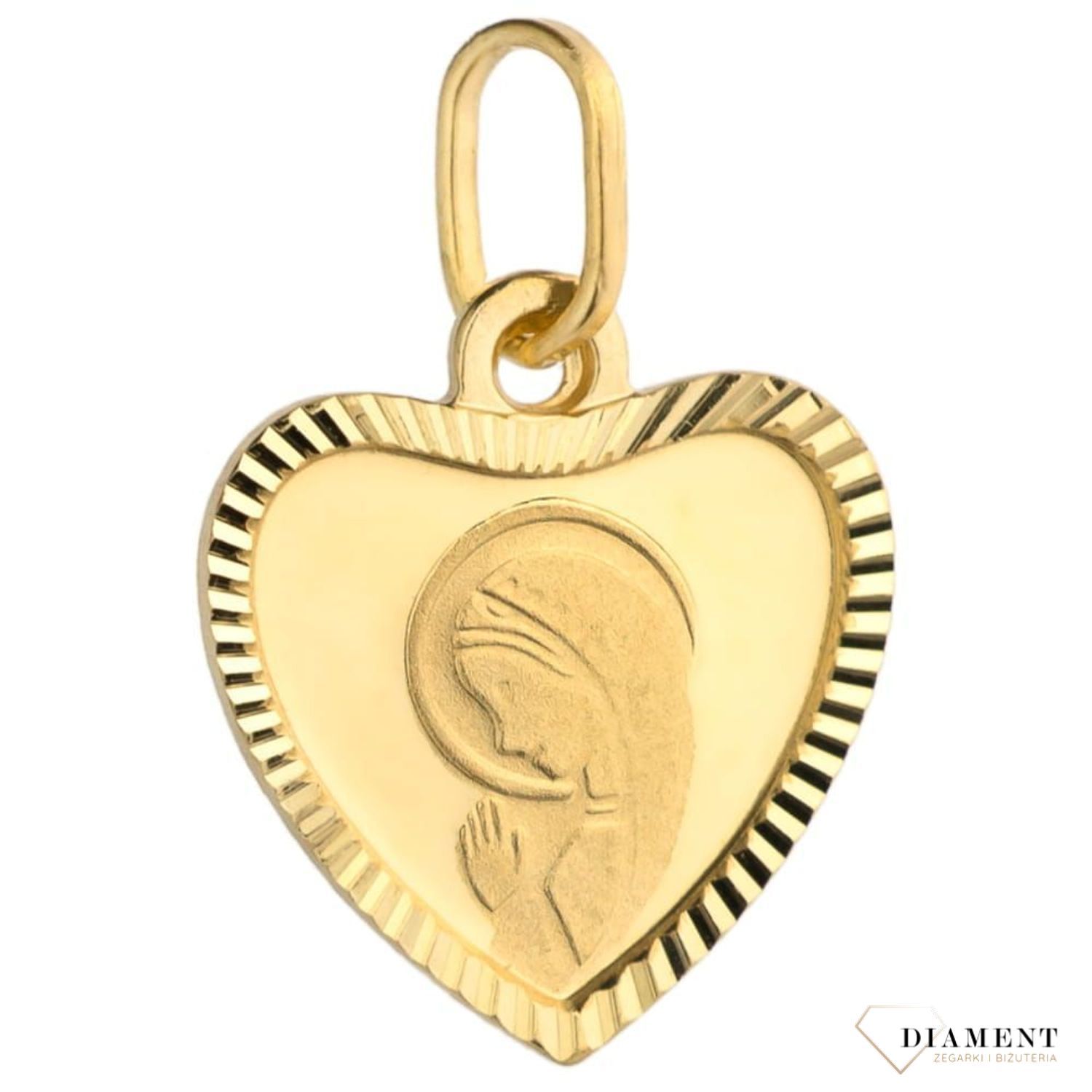 Złota zawieszka medalik kształt grawerowanego serca z Matką Boską DIA-ZAW-4361-585. Piękny medalik o bogatej symbolice religijnej.jpg