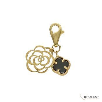 Złota zawieszka charms na bransoletkę ażurowy kwiat, czarna koniczynka DIA-ZAW-4371-585.jpg