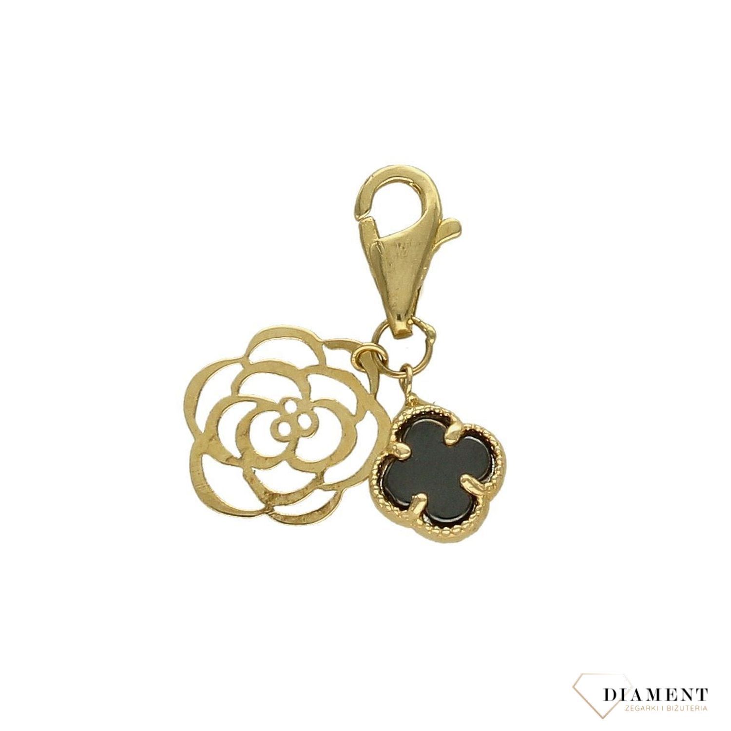 Złota zawieszka charms na bransoletkę ażurowy kwiat, czarna koniczynka DIA-ZAW-4371-585.jpg