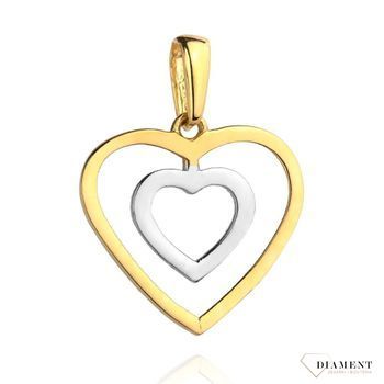 Złota zawieszka podwójne serce z białym złotem DIA-ZAW-4389-585. Złota zawieszka w kształcie grawerowanego serca z ozdobnym wzorem.jpg