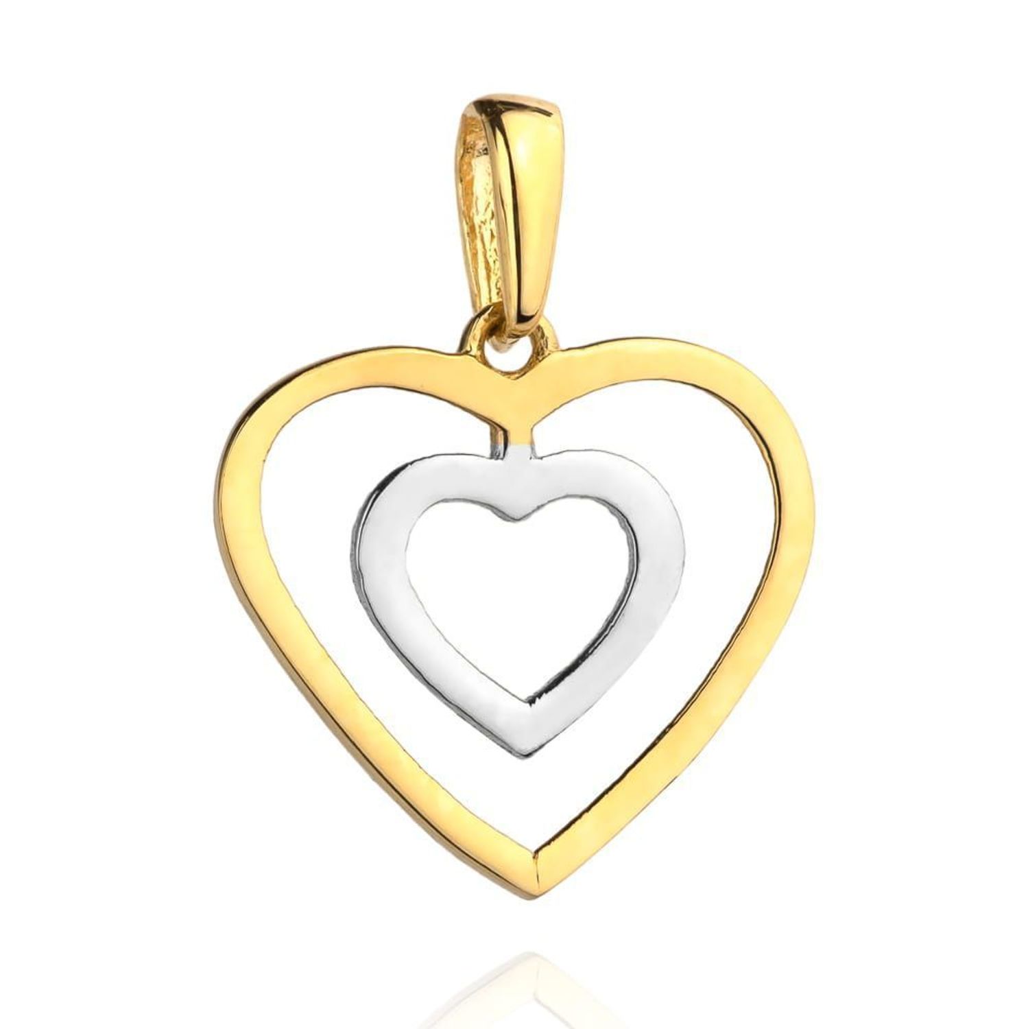 Złota zawieszka podwójne serce z białym złotem DIA-ZAW-4389-585. Złota zawieszka w kształcie grawerowanego serca z ozdobnym wzorem.jpg