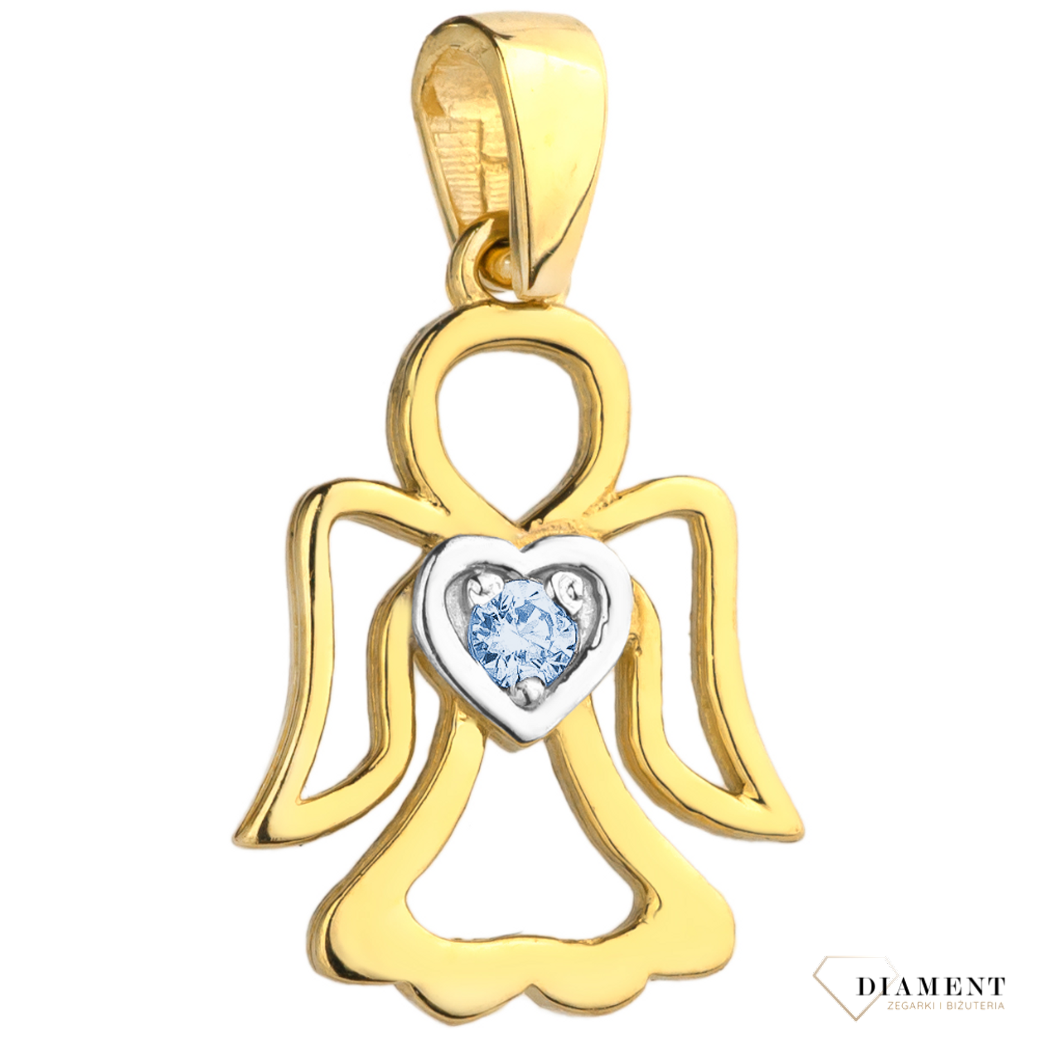 Złota zawieszka aniołek z serduszkiem ozdobiony cyrkonią DIA-ZAW-4395-585. Wisiorek o minimalistycznym wzornictwie.png