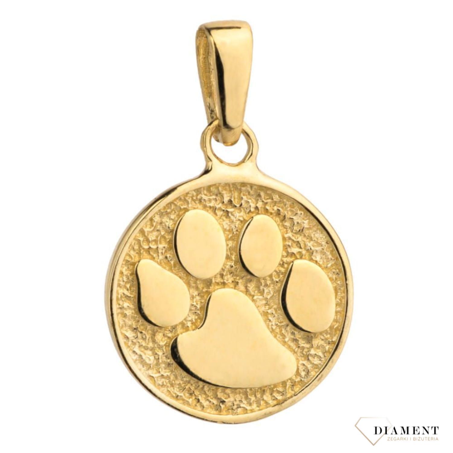 Złota zawieszka okrągła z psią łapką DIA-ZAW-4396-585. Zawieszka dla miłośników psów. Złota zawieszka wykonana z najwyższej próby 585.jpg