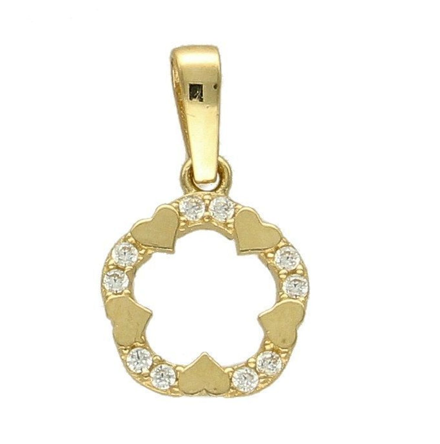 Złota zawieszka okrągła ozdobiona cyrkonią i drobnymi serduszkami DIA-ZAW-4397-585. Zawieszka złota w okrągłym kształcie ozdobiona błyszczącą cyrkonią oraz drobnymi serduszkami.jpg