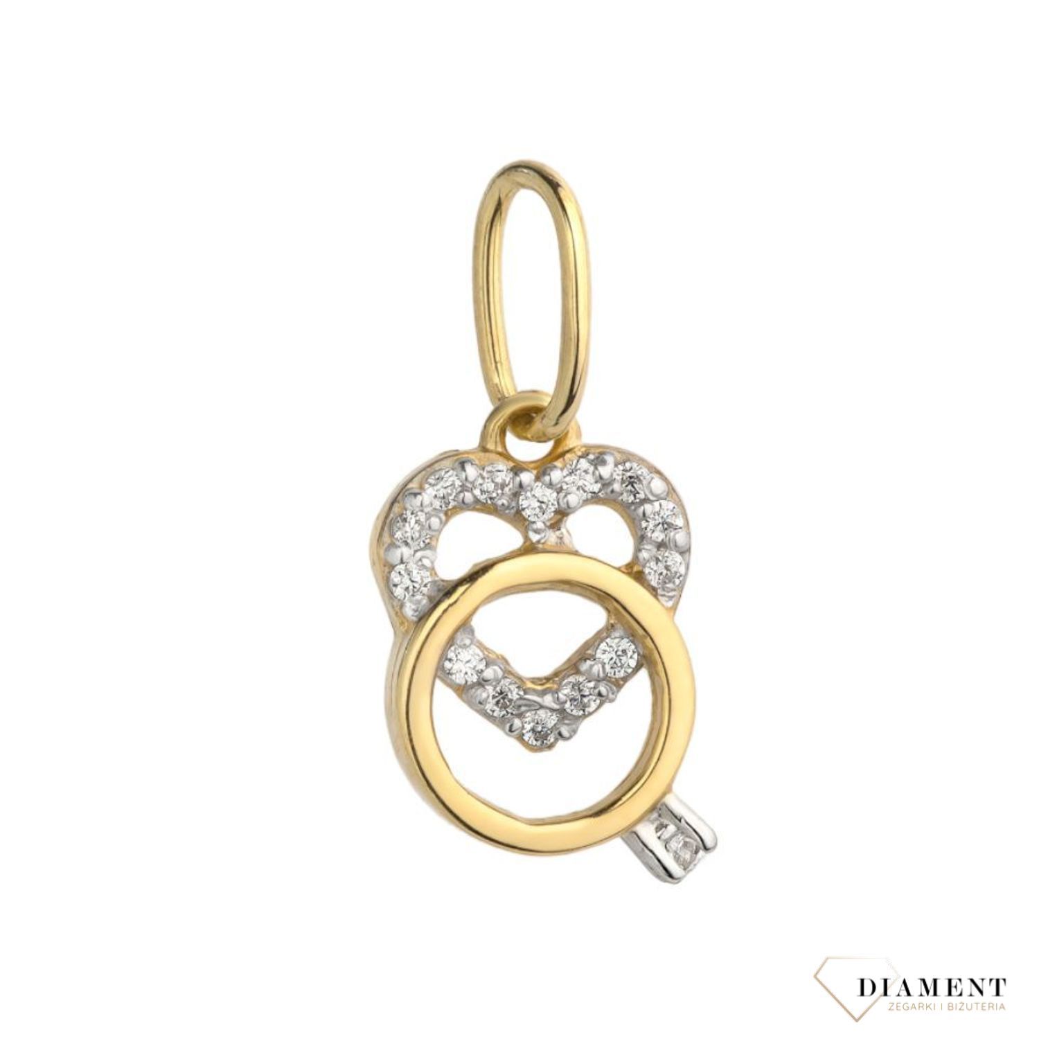 Złota zawieszka serce z cyrkonią i pierścionek DIA-ZAW-4399-585. Złota zawieszka w kształcie serca ozdobionego cyrkonią i pierścionek.jpg