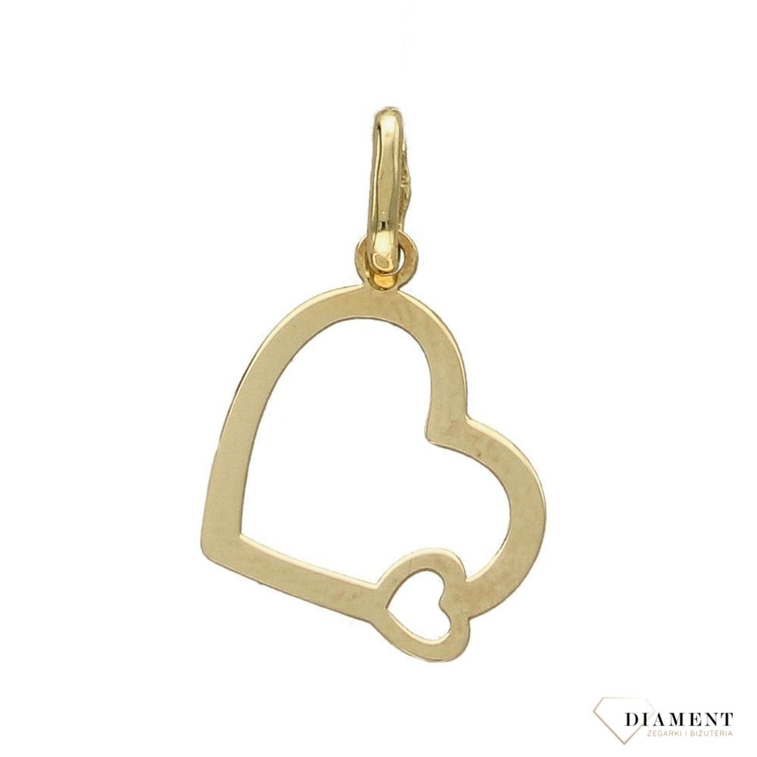 Złota zawieszka w kształcie dwóch serc. Elegancki wisiorek wykonany z najwyższej jakości 14 –karatowego żółtego złota. Ta unikalna biżuteria, która zachwyci każdą kobietę.  (2).jpg