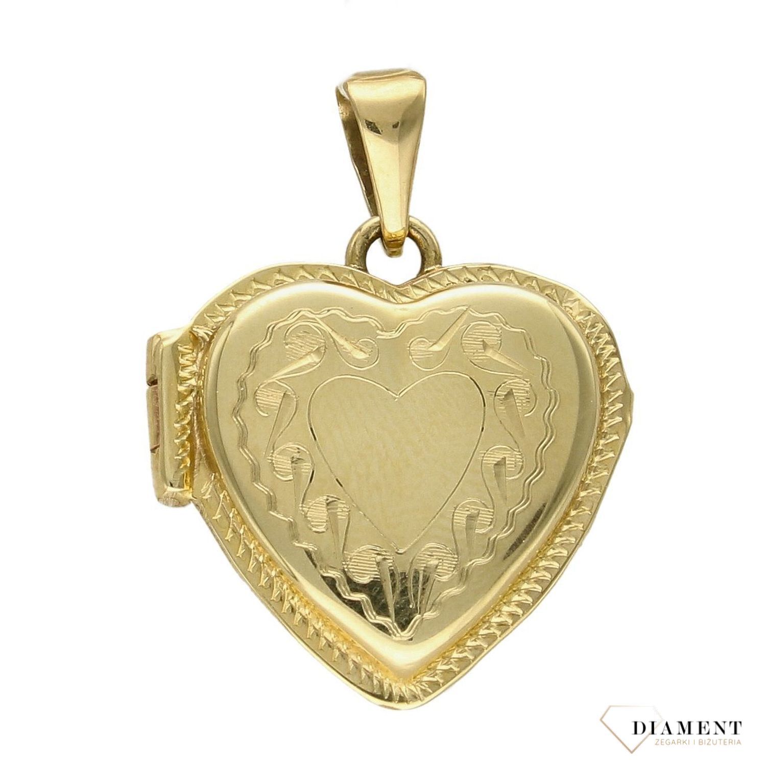 Złota zawieszka 585 puzderko serce. Otwierana zawieszka w kształcie serca marki Diament wykonana ze złota próby 585. Piękny sekretnik w którym można schować fotografię bliskiej osoby lub liścik z wyznaniem..jpg