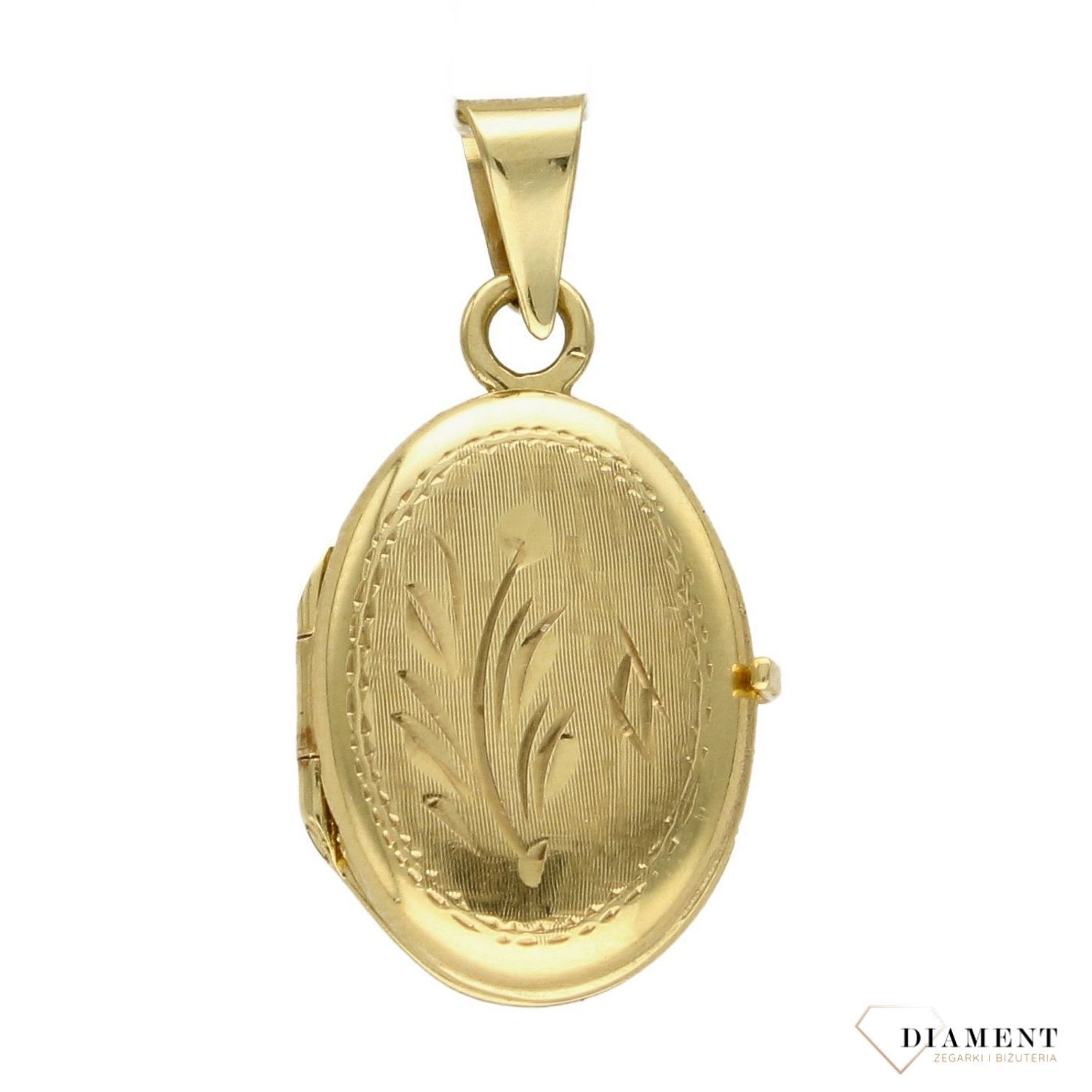 Otwierana zawieszka owalna zdobiona liściem marki Diament wykonana ze złota próby 585. Piękny sekretnik w którym można schować fotografię bliskiej osoby lub liścik z wyznaniem (2).jpg
