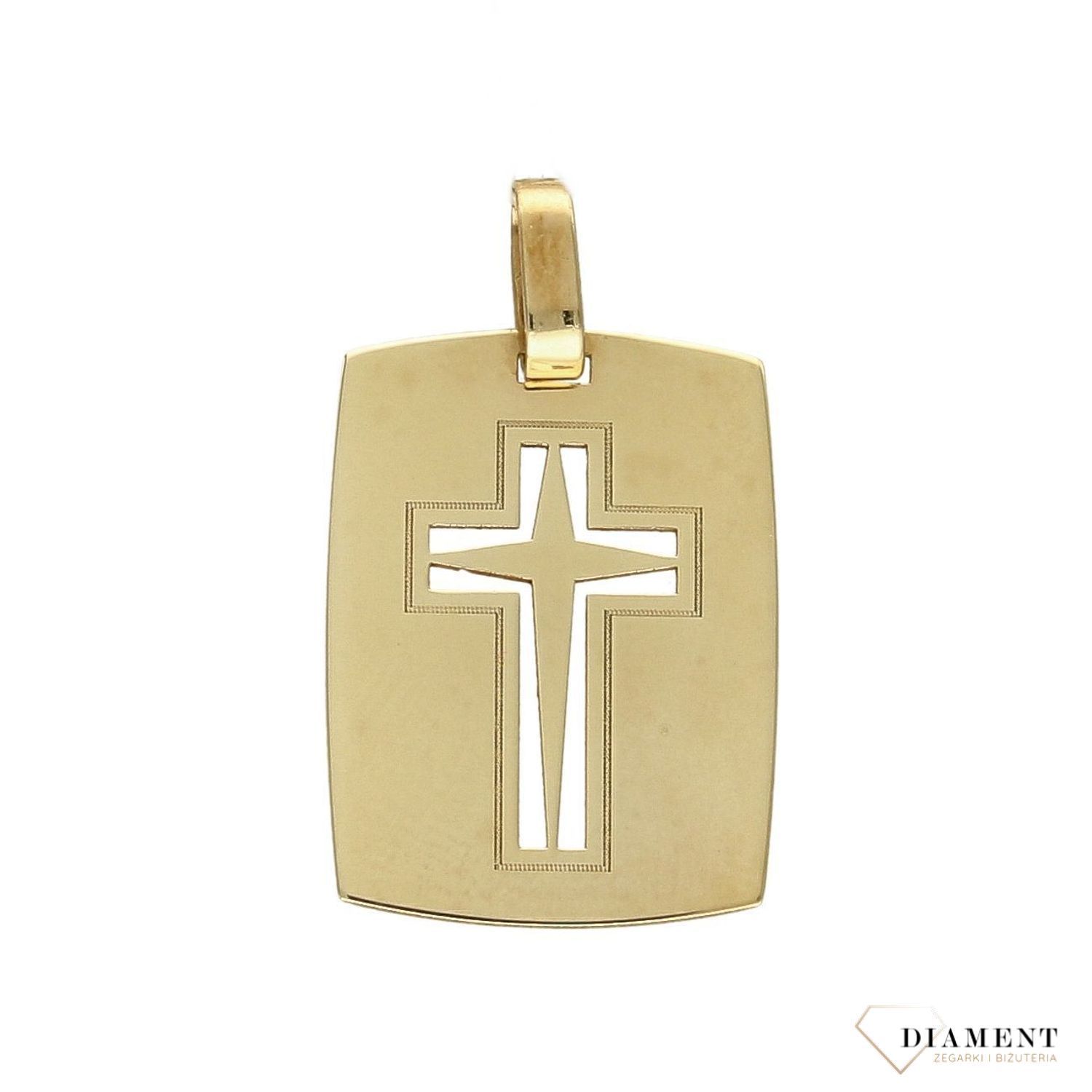 Złota zawieszka blaszka z krzyżykiem 585 połysk. Złota zawieszka blaszka wykonana z żółtego złota próby 585. Zawieszka w prostokątnym kształcie. Zawieszka, która będzie świetnym dodatkiem..jpg