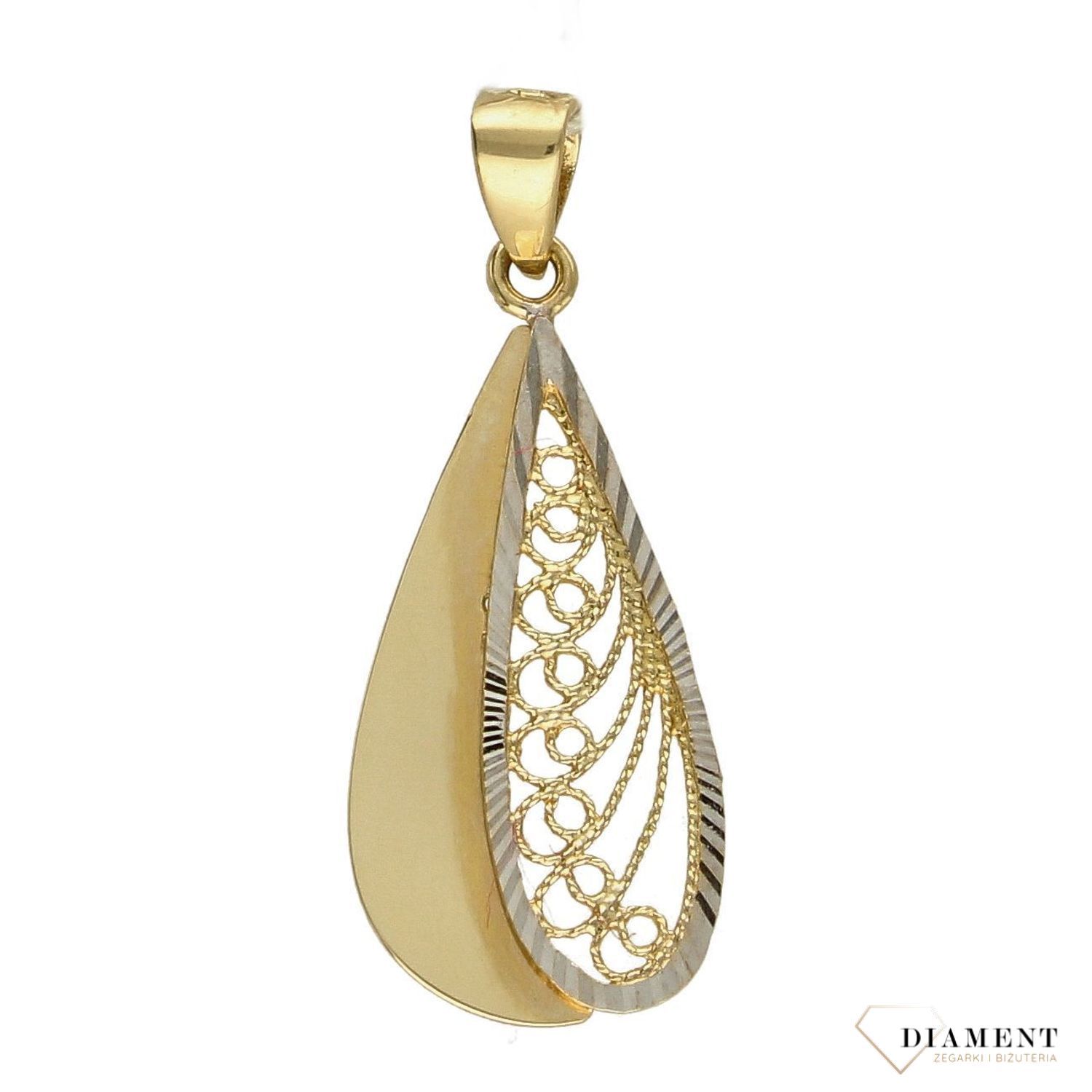 Złota zawieszka owalna ażurowa z białym złotem DIA-ZAW-5267-585.jpg