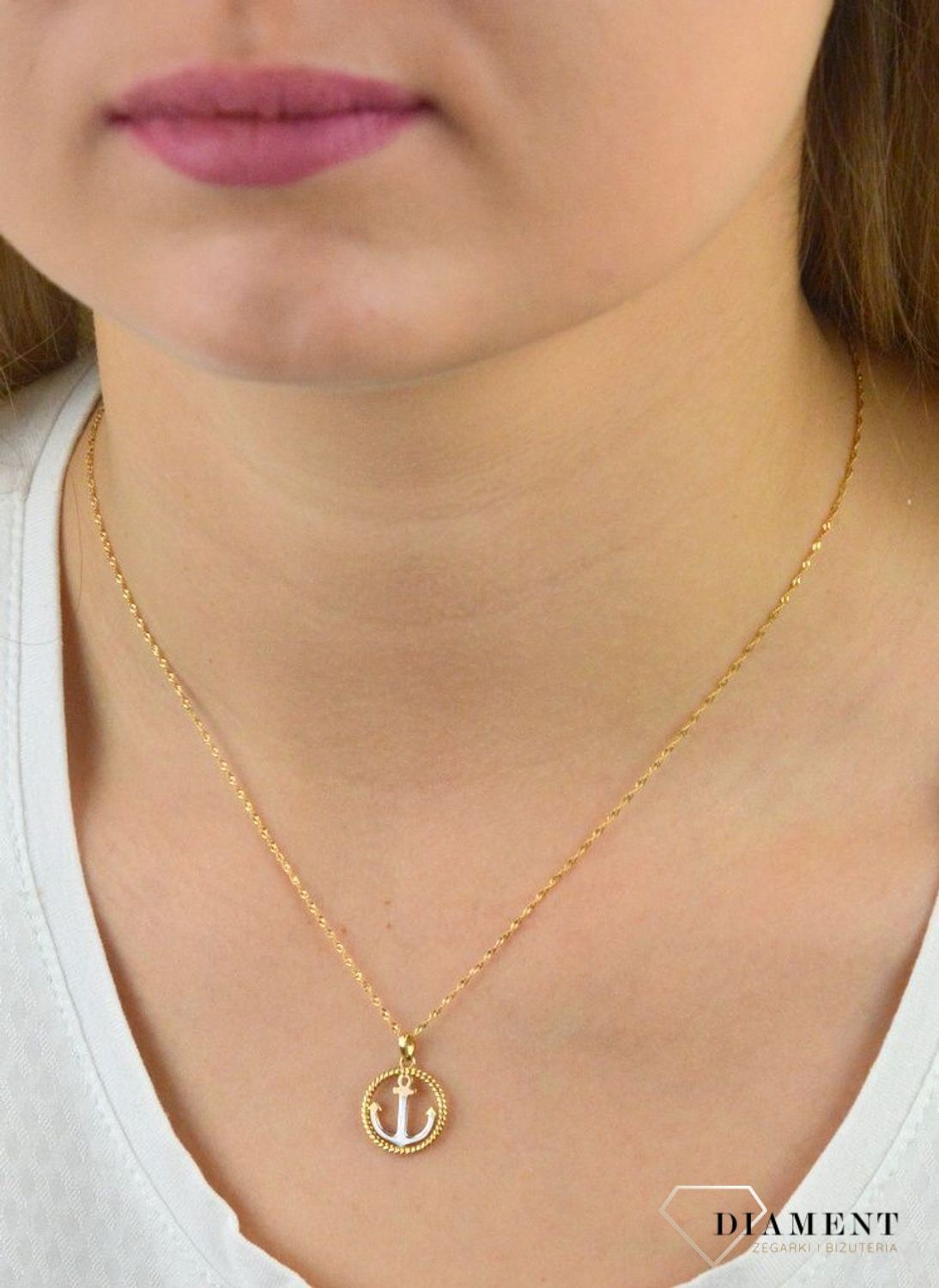 Złota zawieszka okrągła zawieszka z kotwicą DIA-ZAW-5287-585.jpg