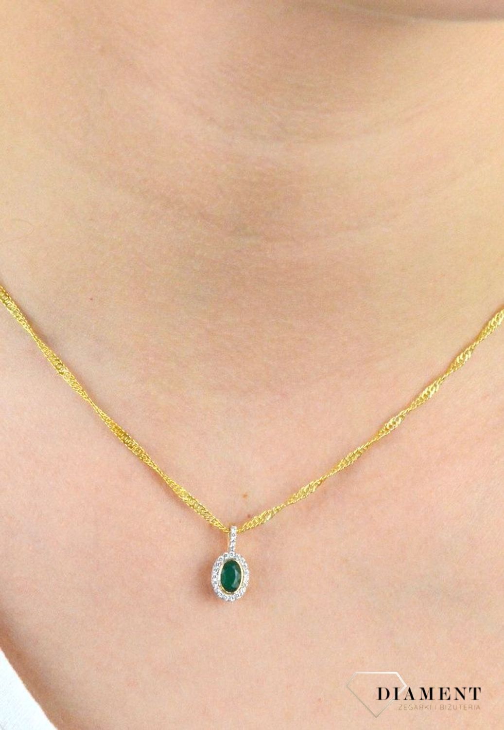 Złota zawieszka z zielonym oczkiem i białą cyrkonią DIA-ZAW-5310-585.jpg