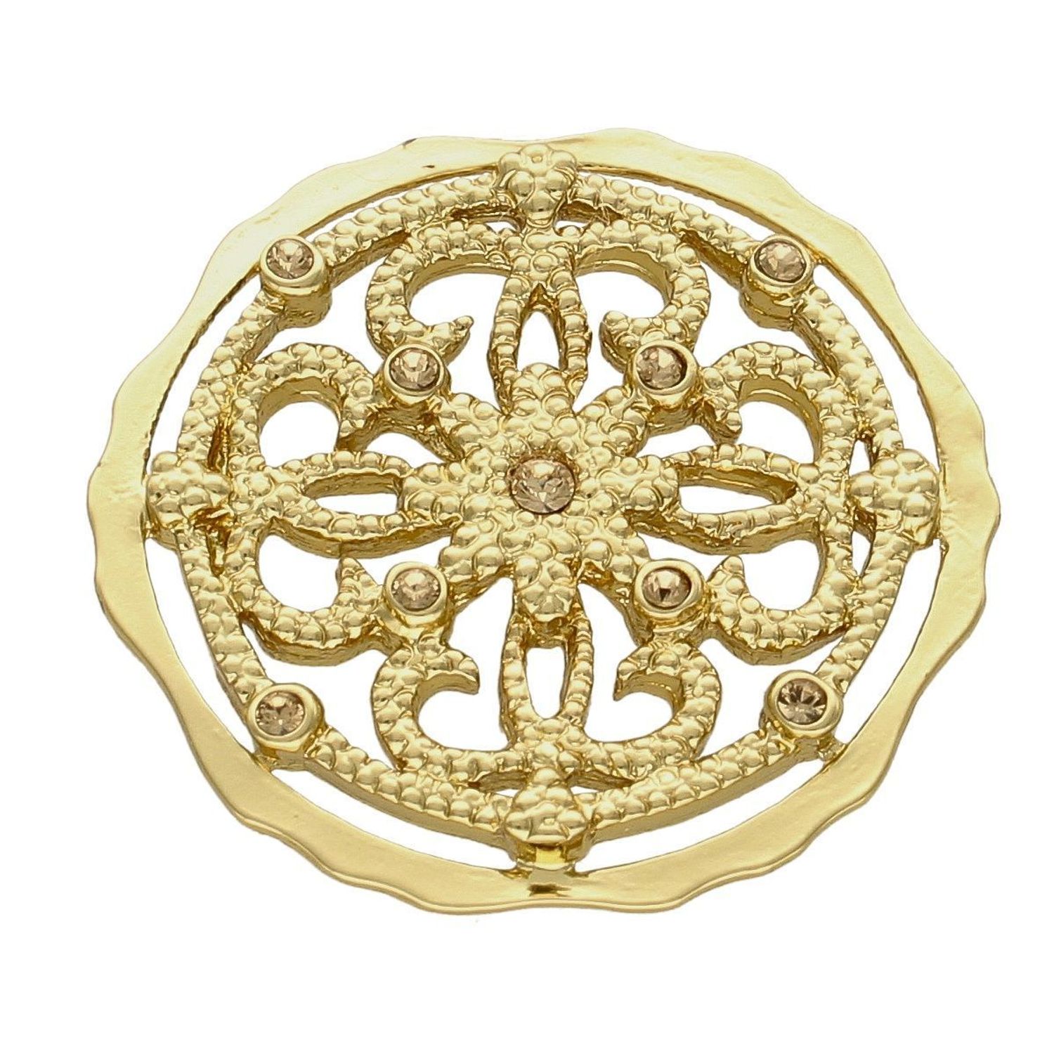 Zawieszka okrągła ze wzorem kwiatka w złotym kolorze  DIA-ZAW-5744-INNE. Stalowa zawieszka damska. Zawieszka stalowa do łańcuszka. Zawieszka okrągła stalowa. Zawieszka w kolorze złotym. Zawieszka ażurowy kwiatek. Zawieszka ide.jpg