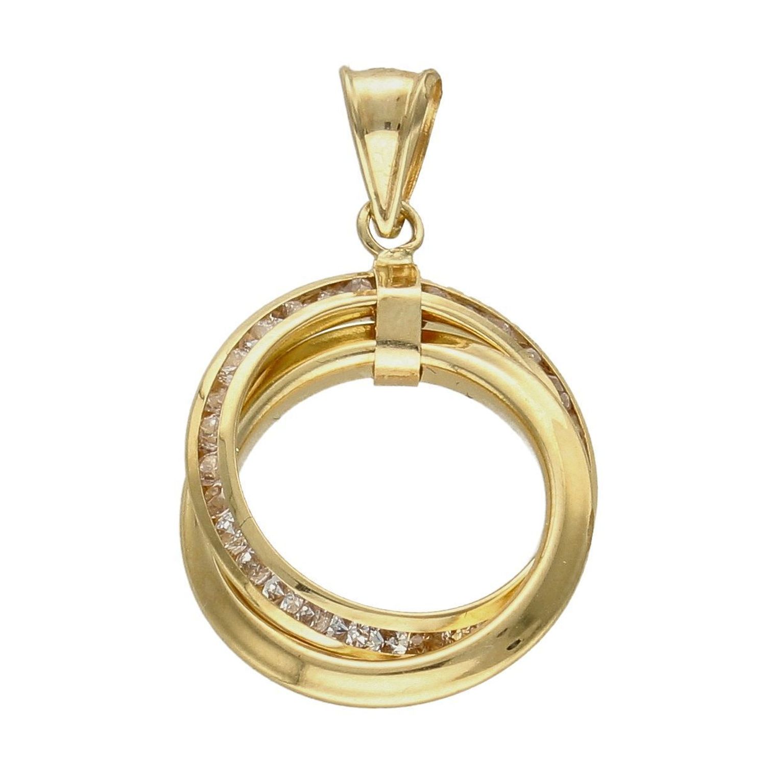 Złota zawieszka 585 dwa kółka z cyrkoniami DIA-ZAW-6242-585 to klasyczny element biżuterii mogącej pięknie ozdobić każdy kobiecy dekolt. To dodatek, który nie tylko pozwala uatrakcyjnić wizerunek, ale także w ciągu kilku chwi.jpg