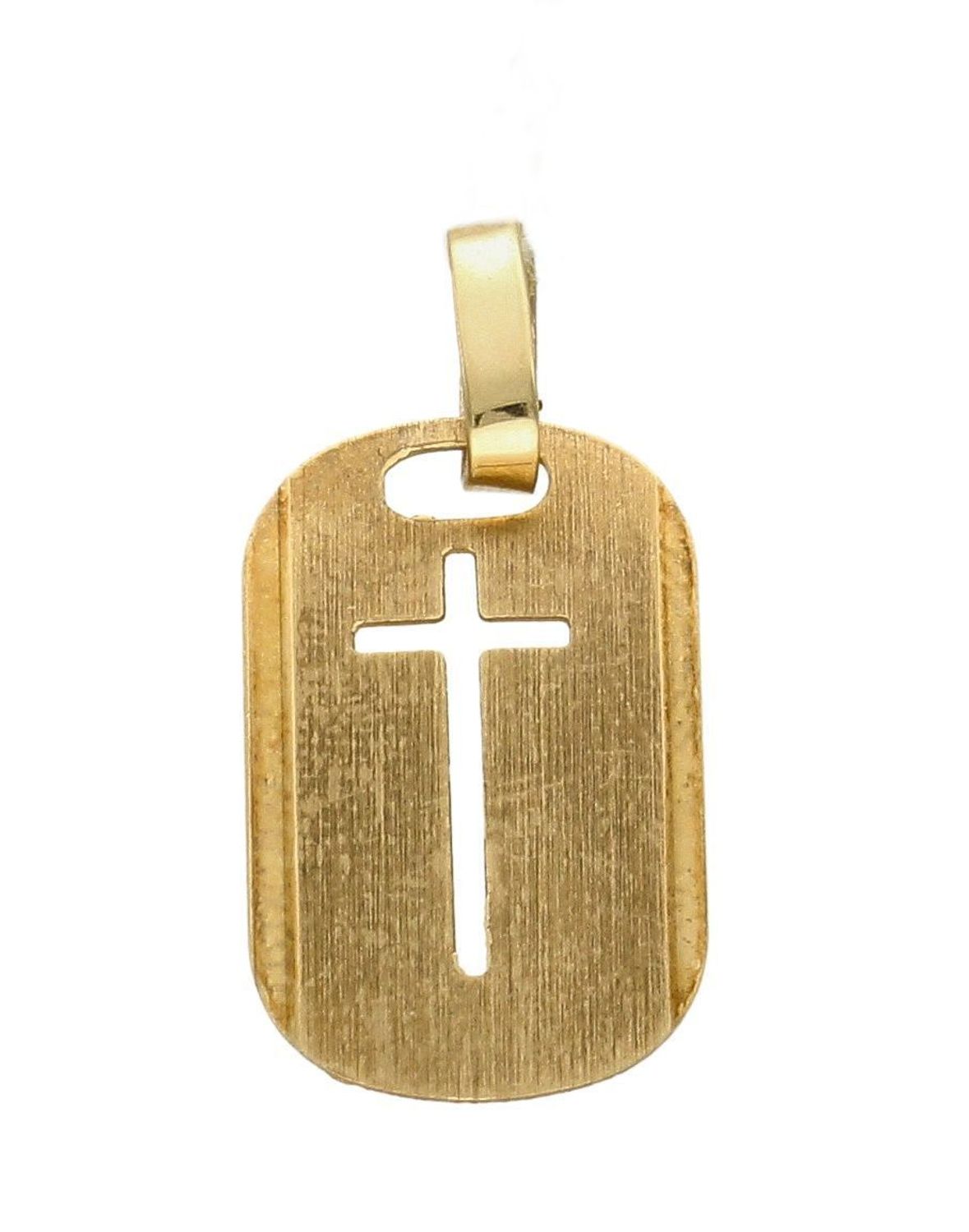 Złota zawieszka na łańcuszek owalna blaszka z krzyżykiem DIA-ZAW-7005-585. Złoty wisiorek krzyżyk to biżuteria sakralna, która sprawdzi się jako prezent na takie okazje jak chrzest, bierzmowanie czy komunia..jpg