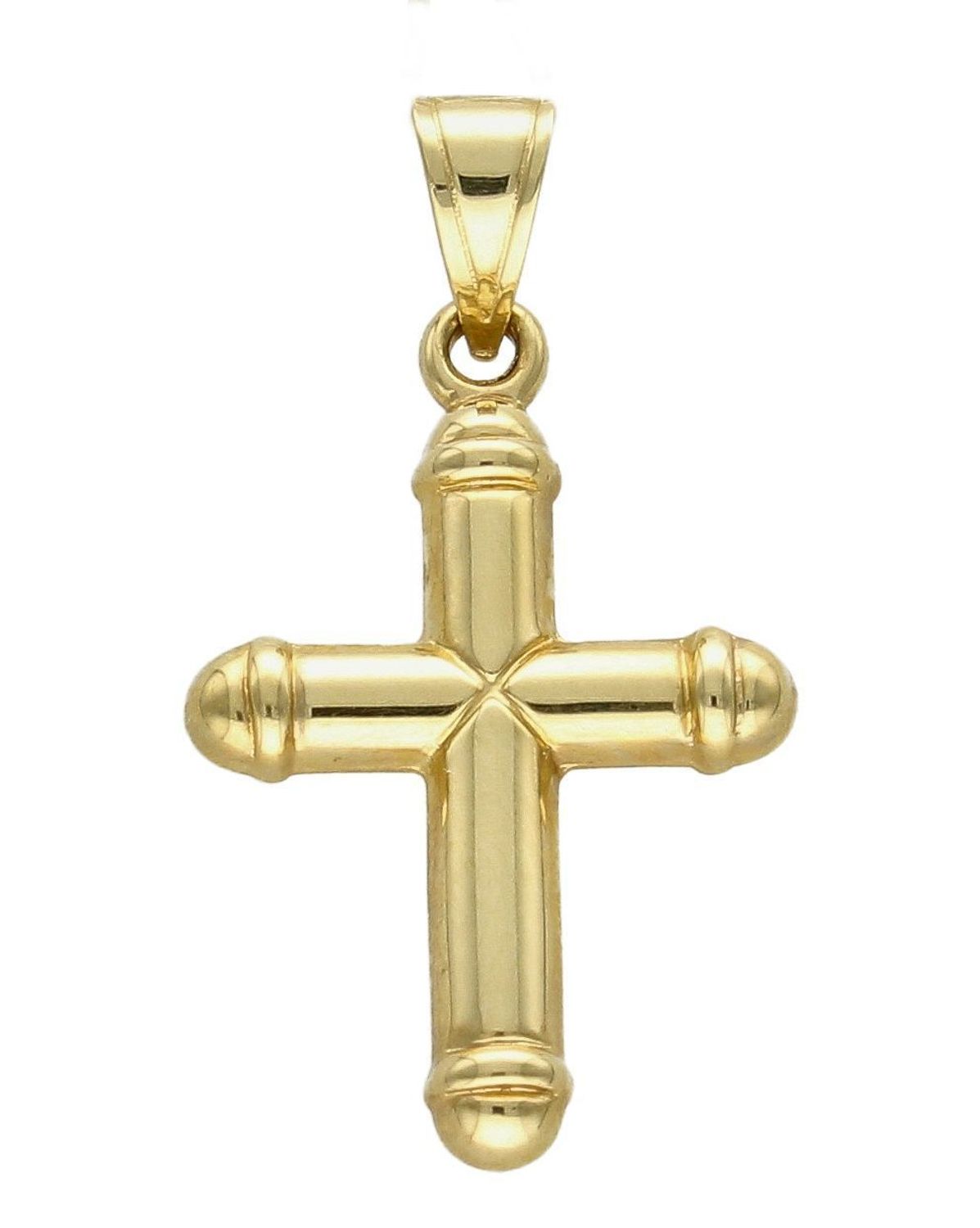 Złota zawieszka na łańcuszek krzyżyk zdobiony DIA-ZAW-7006-585. Złoty wisiorek krzyżyk z wizerunkiem Pana Jezusa to biżuteria sakralna, która sprawdzi się jako prezent na takie okazje jak chrzest, bierzmowanie czy komunia..jpg
