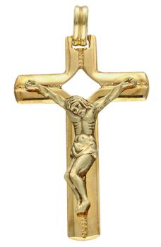 Złota zawieszka na łańcuszek duży krzyż z wizerunkiem Chrystusa DIA-ZAW-7007-585. To biżuteria sakralna, która sprawdzi się jako prezent na takie okazje jak chrzest, bierzmowanie czy komunia..jpg
