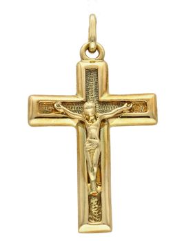 Złota zawieszka na łańcuszek krzyżyk z Jezusem DIA-ZAW-7008-585. Złoty wisiorek krzyżyk z wizerunkiem Pana Jezusa to biżuteria sakralna, która sprawdzi się jako prezent na takie okazje jak chrzest, bierzmowanie czy komunia..jpg