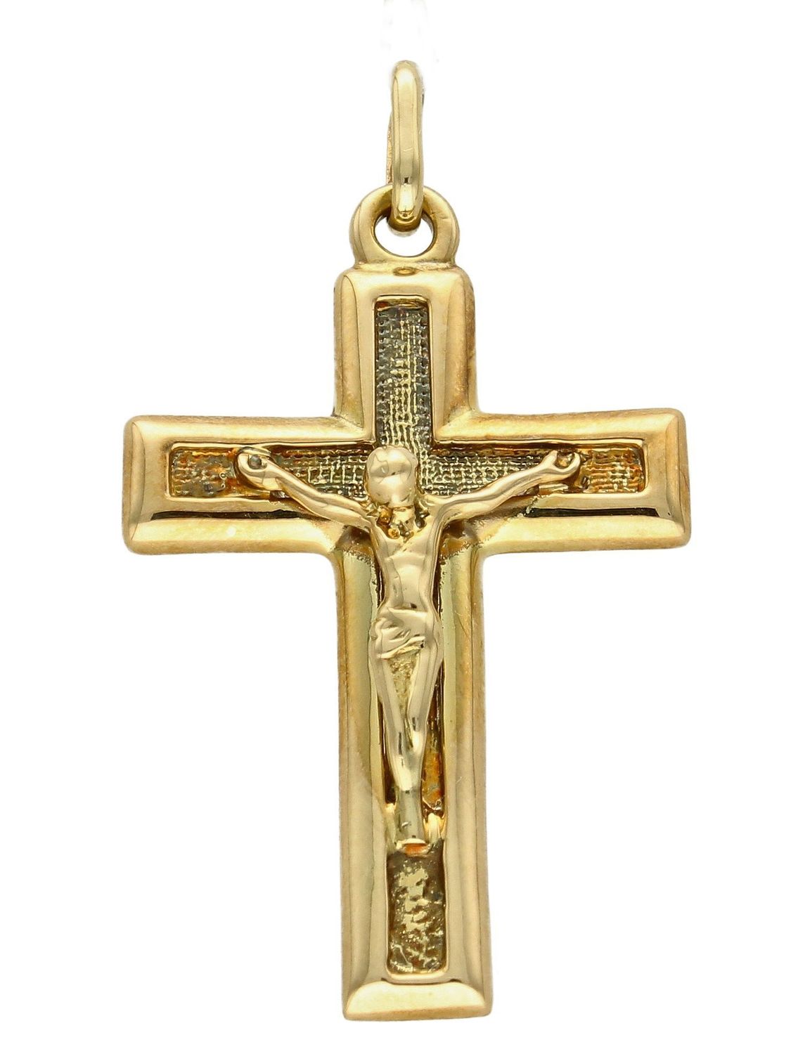 Złota zawieszka na łańcuszek krzyżyk z Jezusem DIA-ZAW-7008-585. Złoty wisiorek krzyżyk z wizerunkiem Pana Jezusa to biżuteria sakralna, która sprawdzi się jako prezent na takie okazje jak chrzest, bierzmowanie czy komunia..jpg