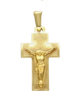Złota zawieszka na łańcuszek krzyżyk ze złotym wizerunkiem Jezusa 2 cm DIA-ZAW-7009-585. Złoty wisiorek krzyżyk z wizerunkiem Pana Jezusa to biżuteria sakralna, która sprawdzi się jako prezent na takie okazje jak chrzest, bier.jpg