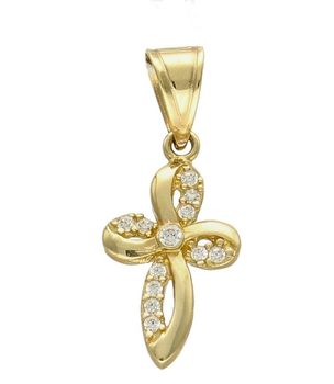 Złota zawieszka na łańcuszek krzyżyk mały z cyrkoniami DIA-ZAW-7010-585. Złoty wisiorek krzyżyk to biżuteria sakralna, która sprawdzi się jako prezent na takie okazje jak chrzest, bierzmowanie czy komunia..jpg